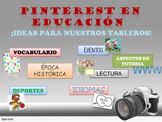 ¡IDEAS PARA NUESTROS TABLEROS!
VOCABULARIO EVENTOS
ÉPOCA
HISTÓRICA LECTURA
DEPORTES IDIOMAS
ASPECTOS DE
TUTORIA
 