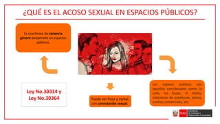 Es una forma de violencia
género perpetrada en espacios
públicos.
Los espacio públicos son
aquellos considerados como: la
calle, los buses, el metro,
estaciones de autobuses, plazas,
centros comerciales, etc.
¿QUÉ ES EL ACOSO SEXUAL EN ESPACIOS PÚBLICOS?
Puede ser física y verbal,
con connotación sexual.
Ley No.30314 y
Ley No.30364
 