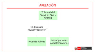 APELACIÓN
Tribunal del
Servicio Civil -
SERVIR
Pruebas nuevas
Investigaciones
complementarias
10 días para
revisar y resolver
 