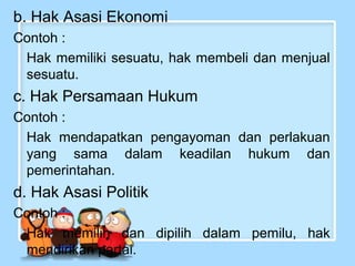 b. Hak Asasi Ekonomi
Contoh :
Hak memiliki sesuatu, hak membeli dan menjual
sesuatu.

c. Hak Persamaan Hukum
Contoh :
Hak mendapatkan pengayoman dan perlakuan
yang sama dalam keadilan hukum dan
pemerintahan.

d. Hak Asasi Politik
Contoh :
Hak memilih dan dipilih dalam pemilu, hak
mendirikan partai.

 