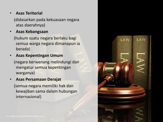 • Asas Teritorial
(didasarkan pada kekuasaan negara
atas daerahnya)
• Asas Kebangsaan
(hukum suatu negara berlaku bagi
semua warga negara dimanapun ia
berada)
• Asas Kepentingan Umum
(negara berwenang melindungi dan
mengatur semua kepentingan
warganya)
• Asas Persamaan Derajat
(semua negara memiliki hak dan
kewajiban sama dalam hubungan
internasional)
 