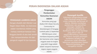 PENGGAGAS LAHIRNYA ASEAN
Dengan diwakili oleh Menteri Luar
Negeri Adam Malik, visi Indonesia
adalah membentuk ASEAN yang
mampu membuat kawasan Asia
Tenggara berdiri di atas kaki sendiri
dan mempertahankan diri dari
pengaruh negatif di luar kawasan.
Penganggas
Pembentukan
Komunitas Keamanan
ASEAN
Komunitas yang juga
disebut ASC (Asean Security
Community) ini
ditandatangani di Senggigi,
Lombok pada 12 September
2003.Bertujuan untuk
membawa kerjasama politik
dan keamanan antar negara
anggota asean ke tingkat
yang lebih tinggi adalah
adalah menjamin keamanan
negara-negara anggota
ASEAN.
Penengah konflik
Indonesia mengundang empat
fraksi Kamboja yang bertikai
untuk melakukan pertemuan di
Jakarta. Mereka membahas
perdamaian dan pemulihan
hubungan. Setelah itu,
pertemuan berlanjut ke
Konferensi Paris untuk Kamboja
yang diikuti oleh 19
negara.Menariknya, Indonesia
dan Prancis menjadi pemimpin
konferensi tersebut. Dari
pertemuan itulah dihasilkan
keputusan pembentukan Dewan
Nasional Kamboja demi
mengakhiri konflik.
 