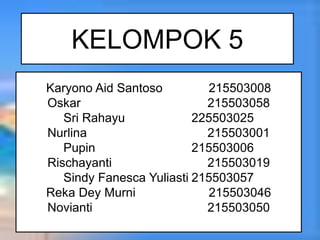 KELOMPOK 5
Karyono Aid Santoso 215503008
Oskar 215503058
Sri Rahayu 225503025
Nurlina 215503001
Pupin 215503006
Rischayanti 215503019
Sindy Fanesca Yuliasti 215503057
Reka Dey Murni 215503046
Novianti 215503050
 