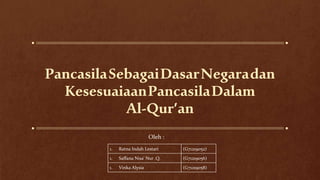 PancasilaSebagaiDasarNegaradan
KesesuaiaanPancasilaDalam
Al-Qur’an
Oleh :
1. Ratna Indah Lestari (G71219052)
1. Saffana Nisa’ Nur .Q. (G71219056)
1. Vinka Alysia (G71219058)
 