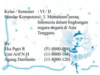 Kelas / Semester : VI / II
Standar Kompetensi: 3. Memahami peran
Indonesia dalam lingkungan
negara-negara di Asia
Tenggara.
By:
Eka Putri R (11-8000-094)
Umi Arif N.H (11-8000-104)
Agung Darmanto (11-8000-120)
 