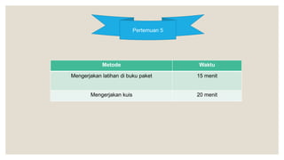 Pertemuan 5
Metode Waktu
Mengerjakan latihan di buku paket 15 menit
Mengerjakan kuis 20 menit
 