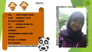PROFIL 
NAMA : APRILIA NGABEKTI NINGSIH 
ALAMAT : PODOREJO RT 1 RW 08, 
KEC.NGALIYAN SEMARANG 
TTL : SEMARANG, 08 APRIL 1993 
NO.HP : 085640815174 
PENDIDIKAN : 
MI MIFTAHUSHIBYAN NGADIRGO, MIJEN 
SEMARANG 
SMP Filial 1 N 23 SEMARANG 
SMAN 16 SEMARANG 
Status Mahasiswa IAIN WALISONGO SEMARANG 
 