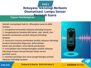 Setelah mempelajari bab ini, diharapkan peserta didik
mampu:
1. mengobservasi produk rekayasa teknologi terapan;
2. mengeksplorasi karakteristik bahan, alat, teknik, dan
prosedur pembuatan produk rekayasa teknologi
terapan;
3. menyusun rencana pembuatan produk rekayasa teknologi
terapan berdasarkan kegunaan, ketersediaan
bahan dan peralatan, serta teknik pembuatan;
4. menciptakan dan mengembangkan produk rekayasa
teknologi terapan berupa berupa lampu sensor
perintah suara;
5. memberi penilaian dan saran pengembangan produk
rekayasa teknologi terapan.
Tujuan Pembelajaran
BAB 2
Prakarya & Kewira SMA/MA Kelas X
SMA/MA
Rekayasa Teknologi Berbasis
Otomatisasi: Lampu Sensor
Perintah Suara
Sumber:
shutterstock.com
 