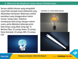 Prakarya & Kewira SMA/MA Kelas X
SMA/MA
A. Observasi dan Eksplorasi Lampu Sensor Perintah Suara
Sensor adalah elemen yang mengubah
sinyal fisik menjadi sinyal elektronik yang
dibutuhkan komputer. Beberapa contoh
peralatan yang menggunakan sistem
sensor: lampu jalan. Sebelum
merekayasa bola lampu dengan sistem
suara, perlu diketahui beberapa jenis
bola lampu yang tidak asing lagi: 1)
Bohlam Pijar; 2) Lampu Neon; 3) Lampu
Neon Kompak; 4) Lampu HID; 5) Lampu
LED
Gambar 2.1 jenis bola lampu
 