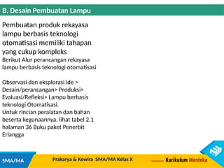 Prakarya & Kewira SMA/MA Kelas X
SMA/MA
B. Desain Pembuatan Lampu
Pembuatan produk rekayasa
lampu berbasis teknologi
otomatisasi memiliki tahapan
yang cukup kompleks
Berikut Alur perancangan rekayasa
lampu berbasis teknologi otomatisasi
Observasi dan eksplorasi ide >
Desain/perancangan> Produksi>
Evaluasi/Refleksi> Lampu berbasis
teknologi Otomatisasi.
Untuk rincian peralatan dan bahan
beserta kegunaannya, lihat tabel 2.1
halaman 36 Buku paket Penerbit
Erlangga
 