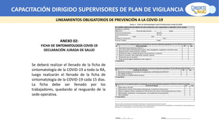 CAPACITACIÓN DIRIGIDO SUPERVISORES DE PLAN DE VIGILANCIA -SPV
LINEAMIENTOS OBLIGATORIOS DE PREVENCIÓN A LA COVID-19
ANEXO 02:
FICHA DE SINTOMATOLOGÍA COVID-19
DECLARACIÓN JURADA DE SALUD
Se deberá realizar el llenado de la ficha de
sintomatología de la COVID-19 a todo la RA,
luego realizarán el llenado de la ficha de
sintomatología de la COVID-19 cada 15 días.
La ficha debe ser llenado por los
trabajadores, quedando al resguardo de la
sede operativa.
 