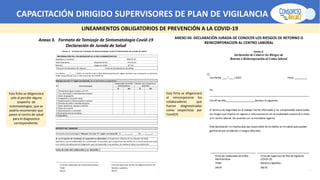 CAPACITACIÓN DIRIGIDO SUPERVISORES DE PLAN DE VIGILANCIA -SPV
LINEAMIENTOS OBLIGATORIOS DE PREVENCIÓN A LA COVID-19
ANEXO 04: DECLARACIÓN JURADA DE CONOCER LOS RIESGOS DE RETORNO O
REINCORPORACION AL CENTRO LABORAL
Anexo 3. Formato de Tamizaje de Sintomatología Covid-19
Declaración de Jurada de Salud
Esta ficha se diligenciará
al reincorporarse los
colaboradores que
fueron diagnosticados
como sospechoso por
Covid19.
Esta ficha se diligenciará
solo al percibir alguna
sospecha de
sintomatologías, que se
podría recomendar que
pasen al centro de salud
para el diagnostico
correspondiente.
 