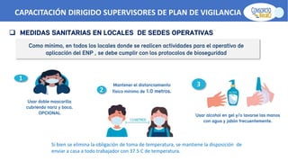 Como mínimo, en todos los locales donde se realicen actividades para el operativo de
aplicación del ENP , se debe cumplir con los protocolos de bioseguridad
Usar doble mascarilla
cubriendo nariz y boca.
OPCIONAL
1
Mantener el distanciamiento
físico mínimo de 1.0 metros.
2
Usar alcohol en gel y/o lavarse las manos
con agua y jabón frecuentemente.
3
 MEDIDAS SANITARIAS EN LOCALES DE SEDES OPERATIVAS
Si bien se elimina la obligación de toma de temperatura, se mantiene la disposición de
enviar a casa a todo trabajador con 37.5 C de temperatura.
CAPACITACIÓN DIRIGIDO SUPERVISORES DE PLAN DE VIGILANCIA -SPV
 