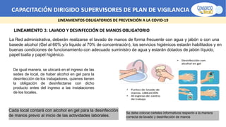 CAPACITACIÓN DIRIGIDO SUPERVISORES DE PLAN DE VIGILANCIA -SPV
LINEAMIENTOS OBLIGATORIOS DE PREVENCIÓN A LA COVID-19
LINEAMIENTO 3: LAVADO Y DESINFECCIÓN DE MANOS OBLIGATORIO
Cada local contará con alcohol en gel para la desinfección
de manos previo al inicio de las actividades laborales.
Se debe colocar carteles informativos respecto a la manera
correcta de lavado y desinfección de manos
De igual manera, se ubicará en el ingreso de las
sedes de local, de haber alcohol en gel para la
desinfección de los trabajadores, quienes tienen
la obligación de desinfectarse con dicho
producto antes del ingreso a las instalaciones
de los locales.
La Red administrativa, deberán realizarse el lavado de manos de forma frecuente con agua y jabón o con una
basede alcohol (Gel al 60% y/o liquido al 70% de concentración), los servicios higiénicos estarán habilitados y en
buenas condiciones de funcionamiento con adecuado suministro de agua y estarán dotados de jabón líquido,
papel toalla y papel higiénico.
 