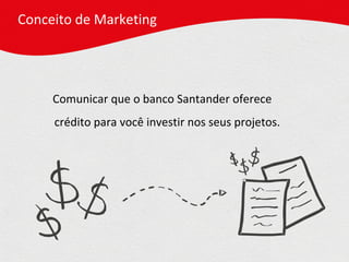 Conceito de Marketing Comunicar que o banco Santander oferece crédito para você investir nos seus projetos. 