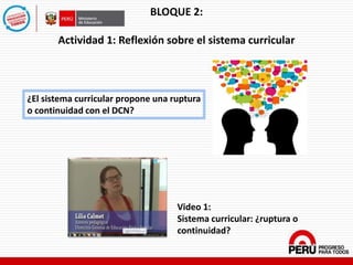 BLOQUE 2:
Actividad 1: Reflexión sobre el sistema curricular
¿El sistema curricular propone una ruptura
o continuidad con el DCN?
Video 1:
Sistema curricular: ¿ruptura o
continuidad?
 