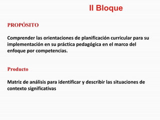 II Bloque
PROPÓSITO
Comprender las orientaciones de planificación curricular para su
implementación en su práctica pedagógica en el marco del
enfoque por competencias.
Producto
Matriz de análisis para identificar y describir las situaciones de
contexto significativas
 