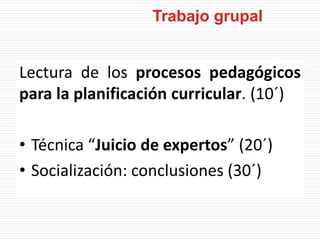 Lectura de los procesos pedagógicos
para la planificación curricular. (10´)
• Técnica “Juicio de expertos” (20´)
• Socialización: conclusiones (30´)
Trabajo grupal
 