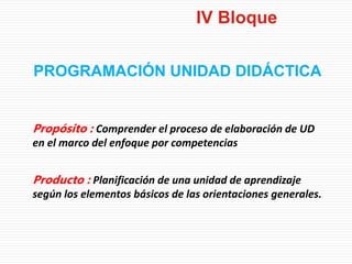 Propósito : Comprender el proceso de elaboración de UD
en el marco del enfoque por competencias
Producto : Planificación de una unidad de aprendizaje
según los elementos básicos de las orientaciones generales.
PROGRAMACIÓN UNIDAD DIDÁCTICA
IV Bloque
 