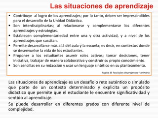  Contribuye al logro de los aprendizajes; por lo tanto, deben ser imprescindibles
para el desarrollo de la Unidad Didáctica.
 Son interdisciplinarias; al relacionarse y complementarse los diferentes
aprendizajes y estrategias.
 Establecen complementariedad entre una y otra actividad, y a nivel de los
aprendizajes que suscitan.
 Permite desarrollarse más allá del aula y la escuela; es decir, en contextos donde
se desenvuelve la vida de los estudiantes.
 Proponer a los estudiantes asumir roles activos; tomar decisiones, tener
iniciativa, trabajar de manera colaborativa y construir su propio conocimiento.
 Son sencillas en su redacción y usar un lenguaje sintético en su planteamiento.
Página 36 Fascículos de proyectos – primaria
Las situaciones de aprendizaje es un desafío o reto auténtico o simulado
que parte de un contexto determinado y explicita un propósito
didáctico que permite que el estudiante le encuentre significatividad y
sentido al aprendizaje.
Se puede desarrollar en diferentes grados con diferente nivel de
complejidad.
Las situaciones de aprendizaje
 