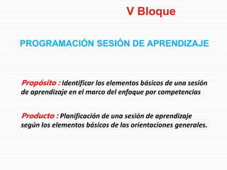 Propósito : Identificar los elementos básicos de una sesión
de aprendizaje en el marco del enfoque por competencias
Producto : Planificación de una sesión de aprendizaje
según los elementos básicos de las orientaciones generales.
PROGRAMACIÓN SESIÓN DE APRENDIZAJE
V Bloque
 