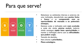 Para que serve?
• Relacionar os ambientes internos e externos de
uma instituição, descobrindo seus pontos fortes
e fracos e os comparando com as
oportunidades de mercado e as potenciais
ameaças;
• Destaca onde a instituição está mais evoluída
e onde ela ainda precisa evoluir, todavia
ainda consegue captar boas oportunidades e
manter a instituição alerta com as dificuldades
que podem surgir;
• Tomada de decisão;
• Itens chaves e prioridades;
• Plano estratégico.
 