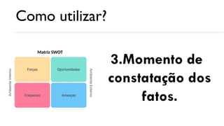 Como utilizar?
3.Momento de
constatação dos
fatos.
Matriz SWOT
 
