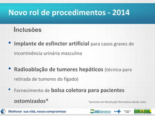 Novo rol de procedimentos - 2014
Inclusões
 Implante de esfíncter artificial para casos graves de
incontinência urinária masculina

 Radioablação de tumores hepáticos (técnica para
retirada de tumores do fígado)
 Fornecimento de bolsa coletora para pacientes

ostomizados*
6

*previsto em Resolução Normativa desde maio

 