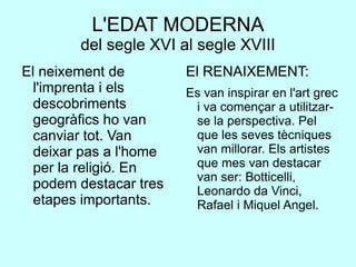 L'EDAT MODERNA
del segle XVI al segle XVIII
El neixement de
l'imprenta i els
descobriments
geogràfics ho van
canviar tot. Van
deixar pas a l'home
per la religió. En
podem destacar tres
etapes importants.
El RENAIXEMENT:
Es van inspirar en l'art grec
i va començar a utilitzar-
se la perspectiva. Pel
que les seves tècniques
van millorar. Els artistes
que mes van destacar
van ser: Botticelli,
Leonardo da Vinci,
Rafael i Miquel Angel.
 