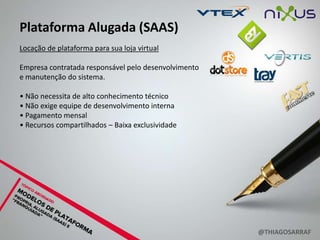 Plataforma Alugada (SAAS)
Locação de plataforma para sua loja virtual

Empresa contratada responsável pelo desenvolvimento
e manutenção do sistema.

• Não necessita de alto conhecimento técnico
• Não exige equipe de desenvolvimento interna
• Pagamento mensal
• Recursos compartilhados – Baixa exclusividade




                                                      @THIAGOSARRAF
 