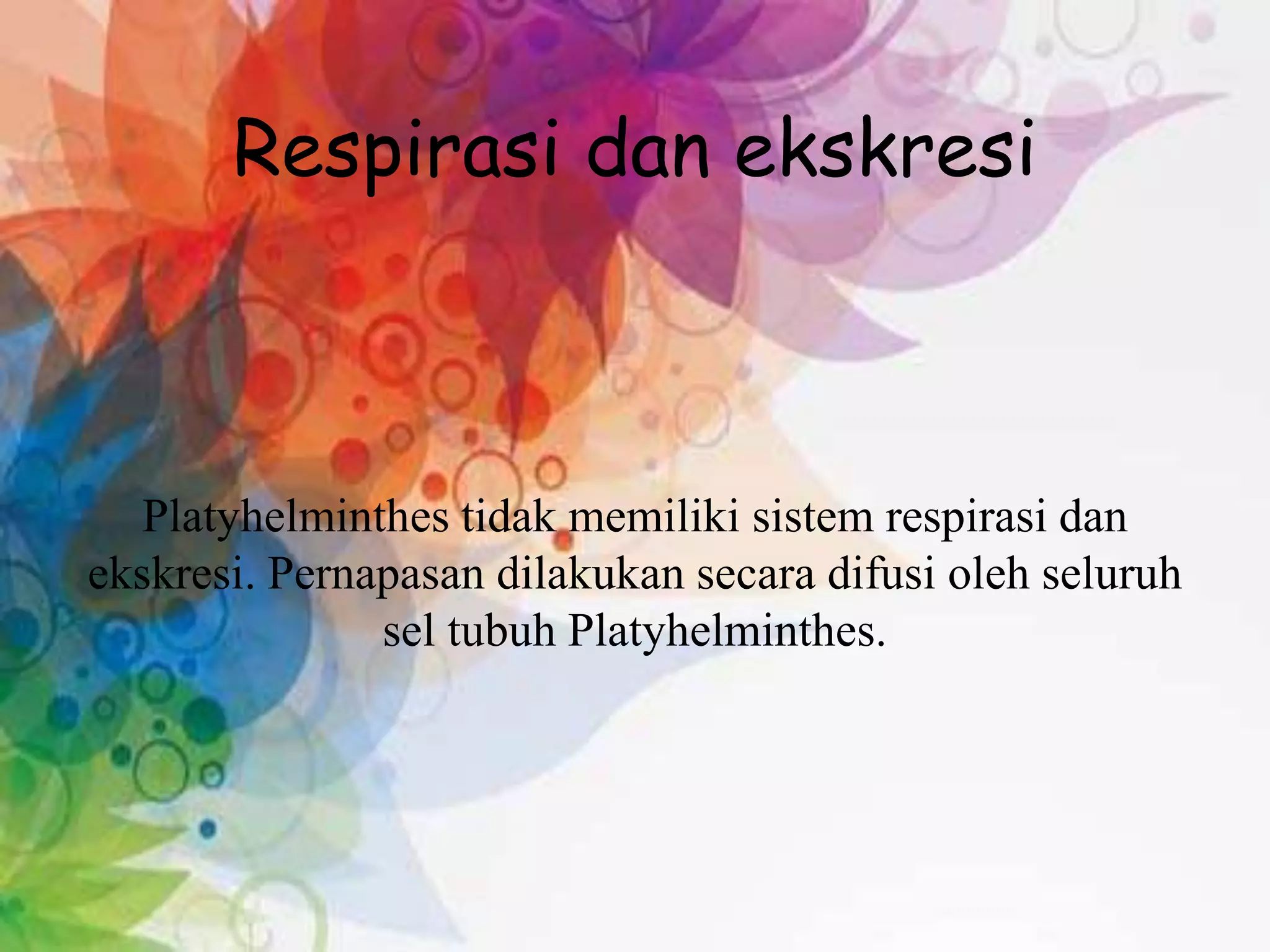 Respirasi dan ekskresi
Platyhelminthes tidak memiliki sistem respirasi dan
ekskresi. Pernapasan dilakukan secara difusi oleh seluruh
sel tubuh Platyhelminthes.
 