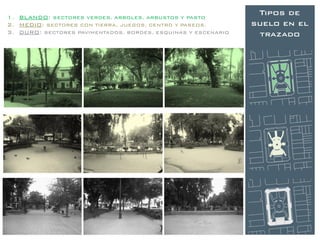 1. BLANDO: SECTORES VERDES, ARBOLES, ARBUSTOS Y PASTO
                                                                Tipos de
2. MEDIO: SECTORES CON TIERRA, JUEGOS, CENTRO Y PASEOS.        suelo en el
3. DURO: SECTORES PAVIMENTADOS, BORDES, ESQUINAS Y ESCENARIO    trazado
 