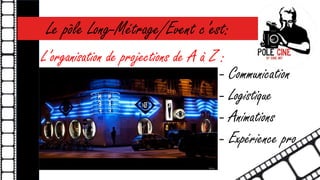 Le pôle Long-Métrage/Event c’est: 
L’organisation de projections de A à Z : 
- Communication 
- Logistique 
- Animations 
- Expérience pro 
 