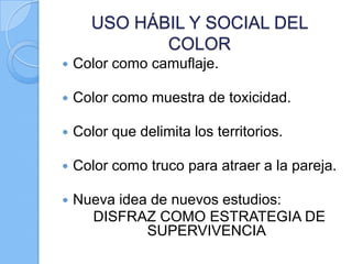 USO HÁBIL Y SOCIAL DEL
COLOR


Color como camuflaje.



Color como muestra de toxicidad.



Color que delimita los territorios.



Color como truco para atraer a la pareja.



Nueva idea de nuevos estudios:
DISFRAZ COMO ESTRATEGIA DE
SUPERVIVENCIA

 