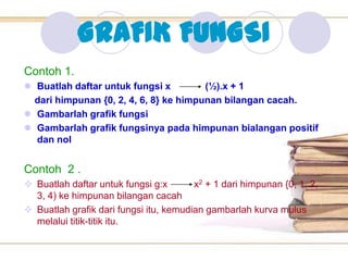 GRAFIK FUNGSI
Contoh 1.
 Buatlah daftar untuk fungsi x         (½).x + 1
  dari himpunan {0, 2, 4, 6, 8} ke himpunan bilangan cacah.
 Gambarlah grafik fungsi
 Gambarlah grafik fungsinya pada himpunan bialangan positif
  dan nol


Contoh 2 .
 Buatlah daftar untuk fungsi g:x       x2 + 1 dari himpunan {0, 1, 2,
  3, 4) ke himpunan bilangan cacah
 Buatlah grafik dari fungsi itu, kemudian gambarlah kurva mulus
  melalui titik-titik itu.
 