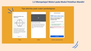 Tipe aktivitas pada materi pembelajaran
Teks Video Latihan pemahaman
1.2 Mempelajari Materi pada Modul Pelatihan Mandiri
 