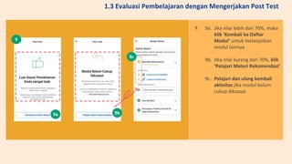 9a. Jika nilai lebih dari 70%, maka
klik ‘Kembali ke Daftar
Modul’ untuk melanjutkan
modul lainnya
9b. JIka nilai kurang dari 70%, klik
‘Pelajari Materi Rekomendasi’
9c. Pelajari dan ulang kembali
aktivitas jika modul belum
cukup dikuasai
9.
9
9a 9b
9c
1.3 Evaluasi Pembelajaran dengan Mengerjakan Post Test
 