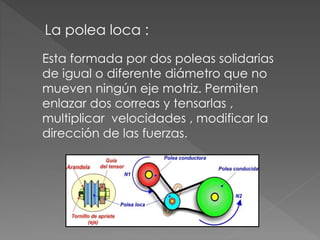 La polea loca :
Esta formada por dos poleas solidarias
de igual o diferente diámetro que no
mueven ningún eje motriz. Permiten
enlazar dos correas y tensarlas ,
multiplicar velocidades , modificar la
dirección de las fuerzas.
 