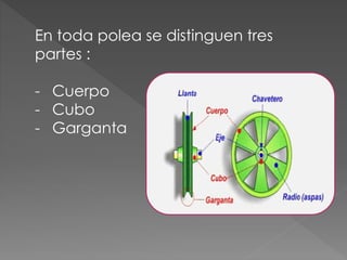En toda polea se distinguen tres
partes :
- Cuerpo
- Cubo
- Garganta
 