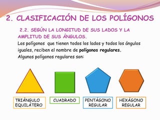 2. CLASIFICACIÓN DE LOS POLÍGONOS 
2.2. SEGÚN LA LONGITUD DE SUS LADOS Y LA 
AMPLITUD DE SUS ÁNGULOS. 
Los polígonos que tienen todos los lados y todos los ángulos 
iguales, reciben el nombre de polígonos regulares. 
Algunos polígonos regulares son: 
TRIÁNGULO 
EQUILÁTERO 
CUADRADO PENTÁGONO 
REGULAR 
HEXÁGONO 
REGULAR 
 
