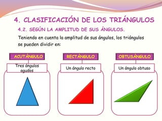 4. CLASIFICACIÓN DE LOS TRIÁNGULOS 
4.2. SEGÚN LA AMPLITUD DE SUS ÁNGULOS. 
Teniendo en cuenta la amplitud de sus ángulos, los triángulos 
se pueden dividir en: 
ACUTÁNGULO 
Tres ángulos 
agudos 
RECTÁNGULO 
Un ángulo recto 
OBTUSÁNGULO 
Un ángulo obtuso 
 