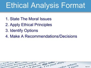 Ethical Analysis Format 
1. State The Moral Issues 
2. Apply Ethical Principles 
3. Identify Options 
4. Make A Recommendations/Decisions 
 