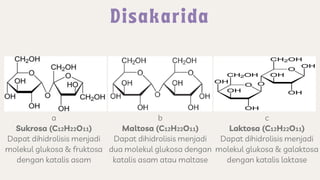 a
Sukrosa (C12H22O11)
Dapat dihidrolisis menjadi
molekul glukosa & fruktosa
dengan katalis asam
c
Laktosa (C12H22O11)
Dapat dihidrolisis menjadi
molekul glukosa & galaktosa
dengan katalis laktase
b
Maltosa (C12H22O11)
Dapat dihidrolisis menjadi
dua molekul glukosa dengan
katalis asam atau maltase
 