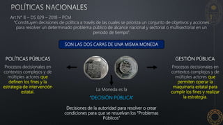 Art N° 8 – DS 029 – 2018 – PCM
“Constituyen decisiones de política a través de las cuales se prioriza un conjunto de objetivos y acciones
para resolver un determinado problema público de alcance nacional y sectorial o multisectorial en un
periodo de tiempo”.
SON LAS DOS CARAS DE UNA MISMA MONEDA
POLÍTICAS PÚBLICAS GESTIÓN PÚBLICA
Procesos decisionales en
contextos complejos y de
múltiples actores que
definen los fines y la
estrategia de intervención
estatal.
Procesos decisionales en
contextos complejos y de
múltiples actores que
permiten operar la
maquinaria estatal para
cumplir los fines y realizar
la estrategia.
“DECISIÓN PÚBLICA”
La Moneda es la
Decisiones de la autoridad para resolver o crear
condiciones para que se resuelvan los “Problemas
Públicos”
 