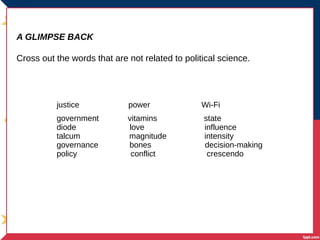 A GLIMPSE BACK
Cross out the words that are not related to political science.
justice power Wi-Fi
government vitamins state
diode love influence
talcum magnitude intensity
governance bones decision-making
policy conflict crescendo
 