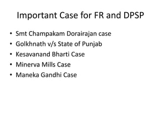 Important Case for FR and DPSP
• Smt Champakam Dorairajan case
• Golkhnath v/s State of Punjab
• Kesavanand Bharti Case
• Minerva Mills Case
• Maneka Gandhi Case
 