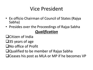 Vice President
• Ex officio Chairman of Council of States (Rajya
Sabha)
• Presides over the Proceedings of Rajya Sabha
Qualification
Citizen of India
35 years of age
No office of Profit
Qualified to be member of Rajya Sabha
Ceases his post as MLA or MP if he becomes VP
 