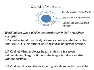 Council of Ministers
Deputy Minister (Junior Most)
Minister of State (IInd Rank)
Cabinet Ministers (Se. Most
Minister)
Word Cabinet was added in the constitution in 44th Amendment
Act 1978
Cabinet – An informal body of senior minister s who forms the
inner circle. It is the cabinet which takes the important decision.
A Cabinet Minister always heads a ministry & is given
independence charge of it, unless he is appointed as a minister
without portfolio
A Cabinet minister attends meeting of cabinet on his own right
 