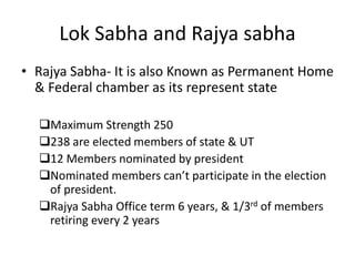 Lok Sabha and Rajya sabha
• Rajya Sabha- It is also Known as Permanent Home
& Federal chamber as its represent state
Maximum Strength 250
238 are elected members of state & UT
12 Members nominated by president
Nominated members can’t participate in the election
of president.
Rajya Sabha Office term 6 years, & 1/3rd of members
retiring every 2 years
 