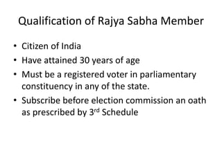 Qualification of Rajya Sabha Member
• Citizen of India
• Have attained 30 years of age
• Must be a registered voter in parliamentary
constituency in any of the state.
• Subscribe before election commission an oath
as prescribed by 3rd Schedule
 